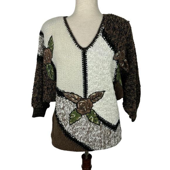 Vintage 80s Sweater Top Women Medium Brown Cream Floral Art to Wear Mixed Media - Picture 1 of 14